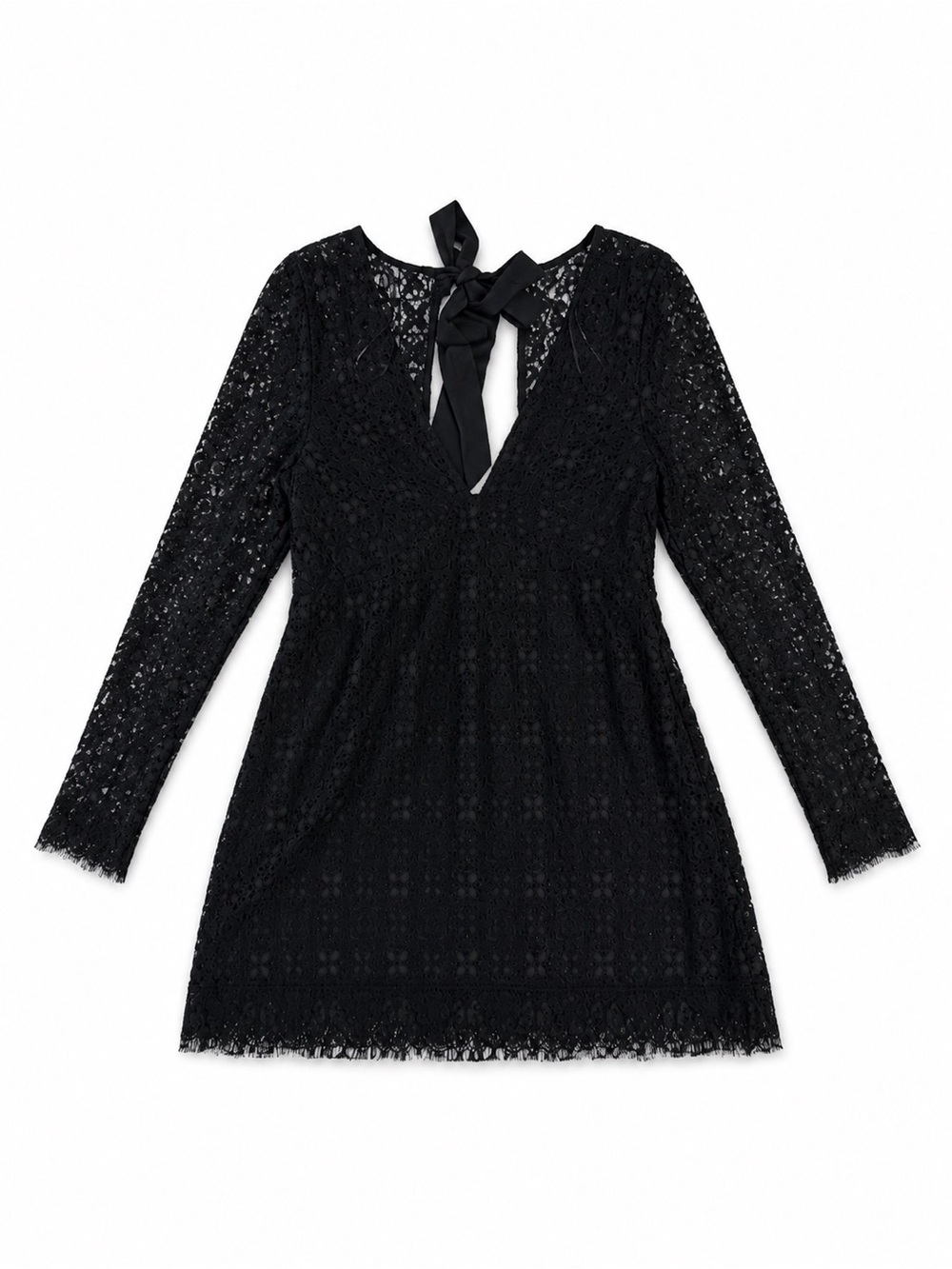 Free People Black Lace Long-Sleeve Tie-Back Mini Dress
